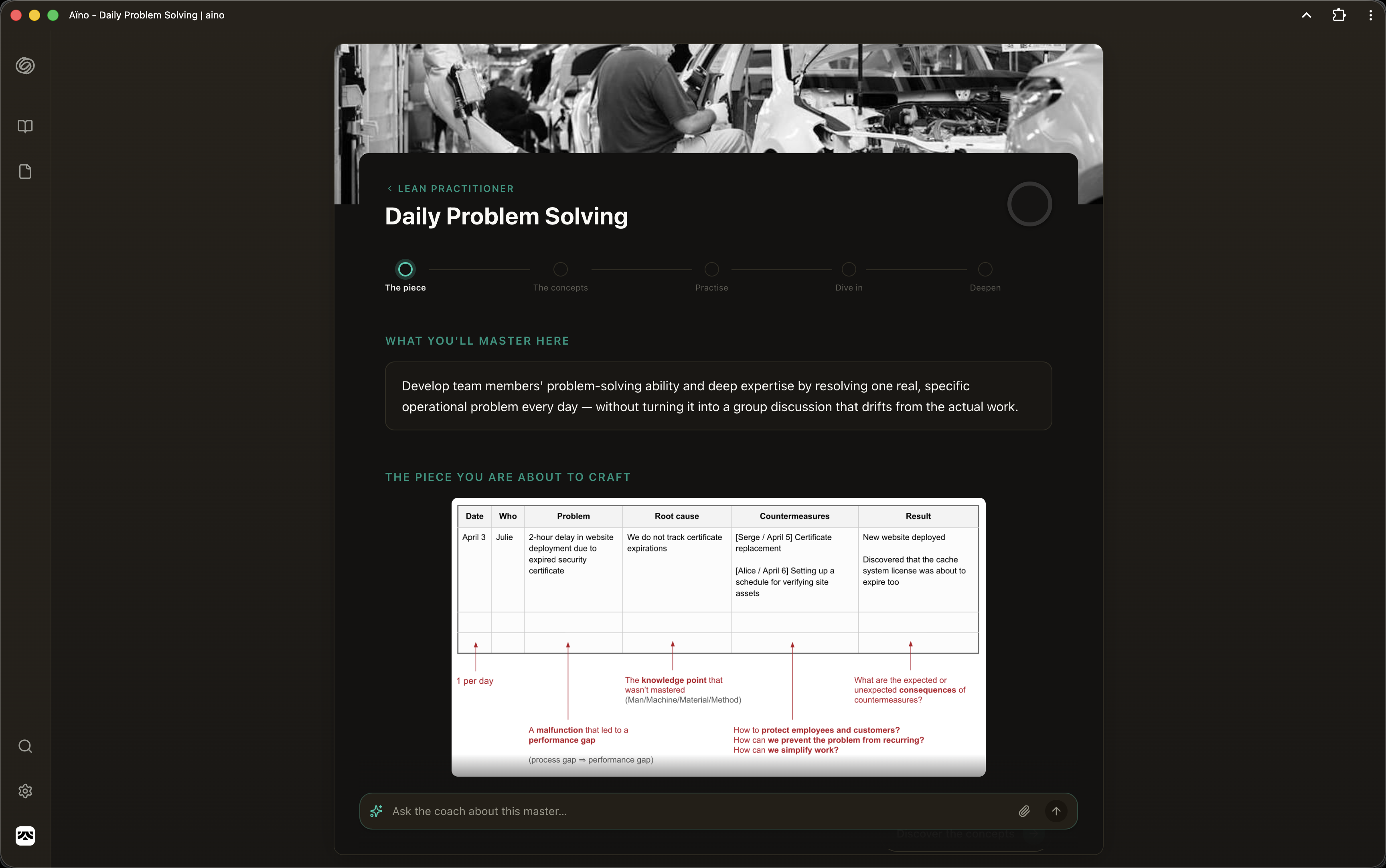 aïno coaching a learner through a Daily Problem Solving master — the piece to craft shown alongside the coach